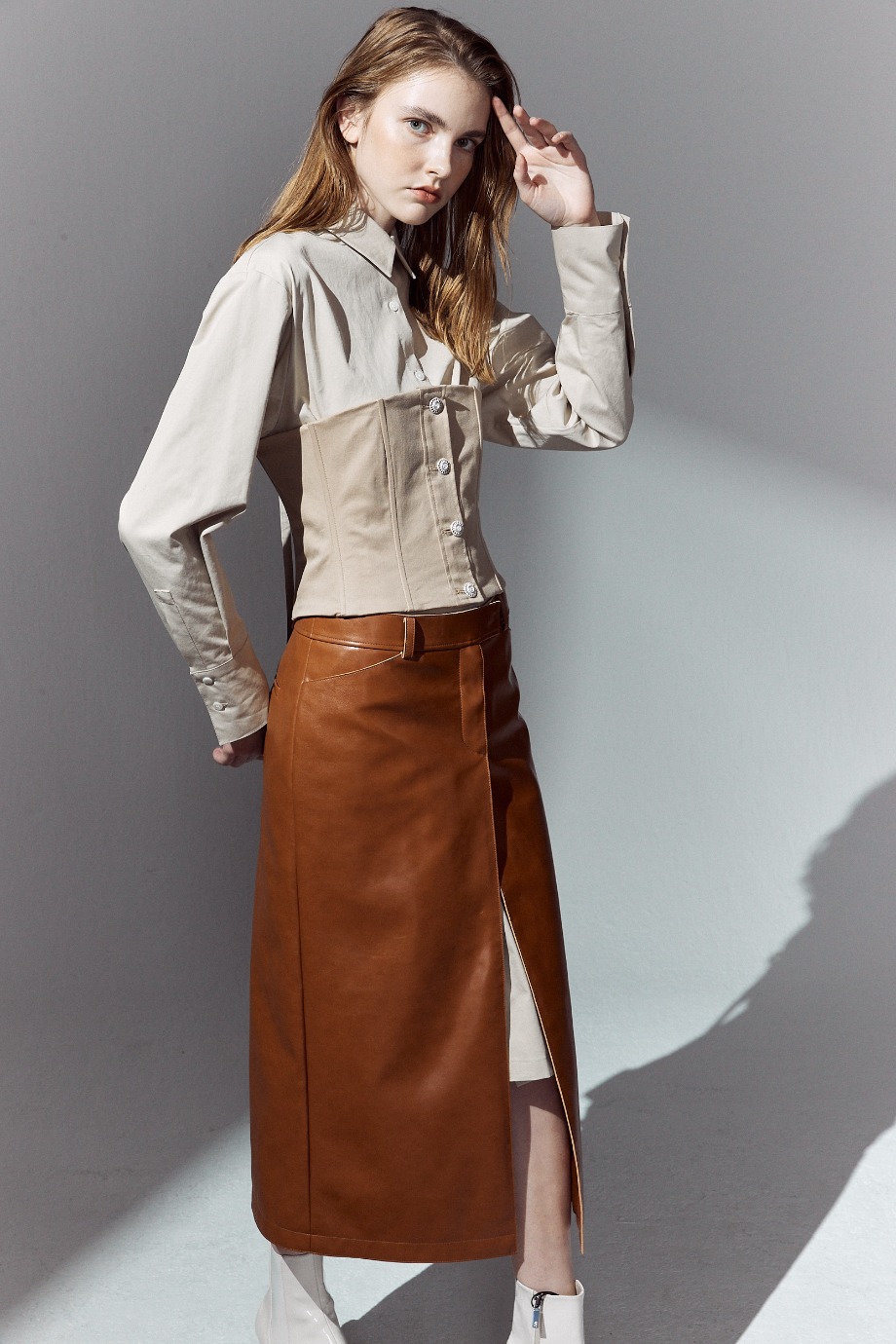 ﻿﻿Leather Long Skirt_Brown