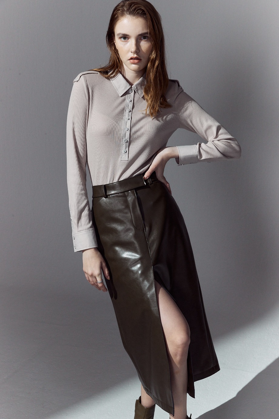 ﻿﻿Leather Long Skirt_Khaki