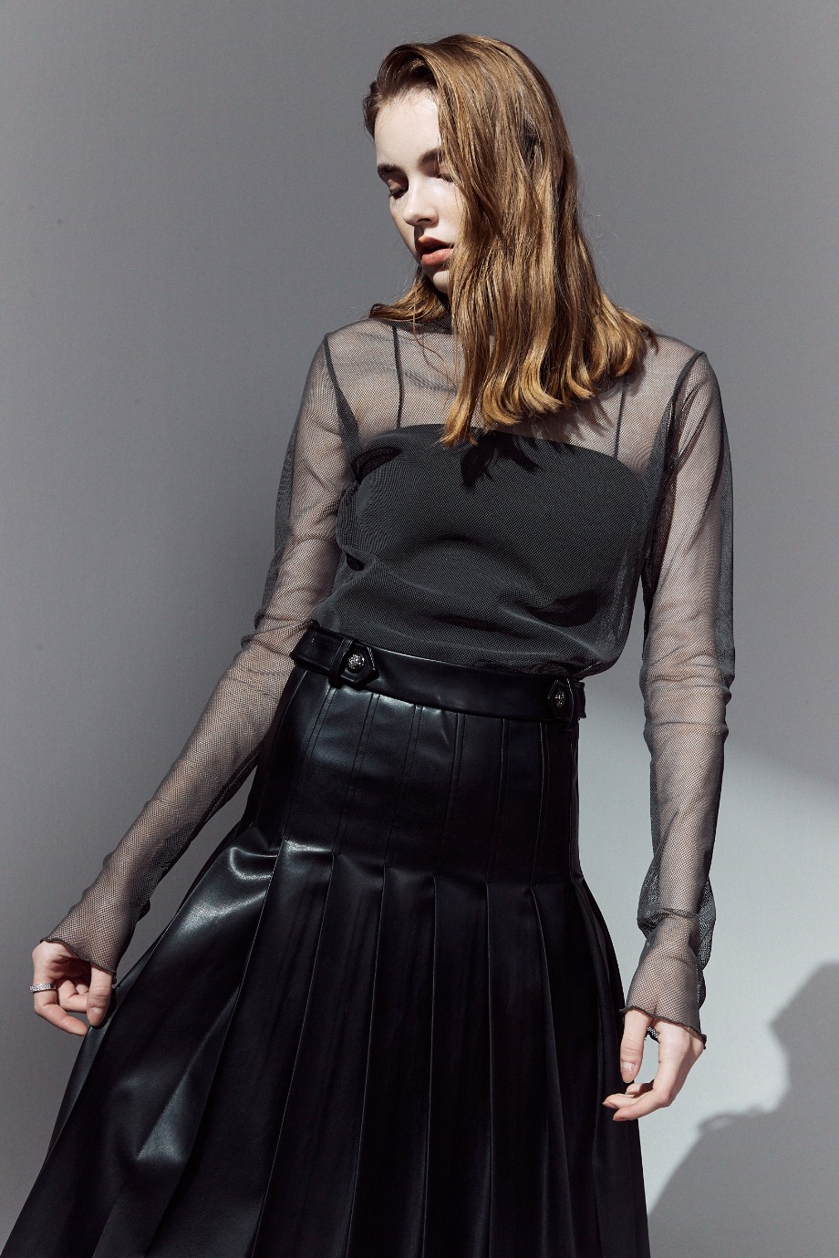 Leather Pleats Skirt_Black