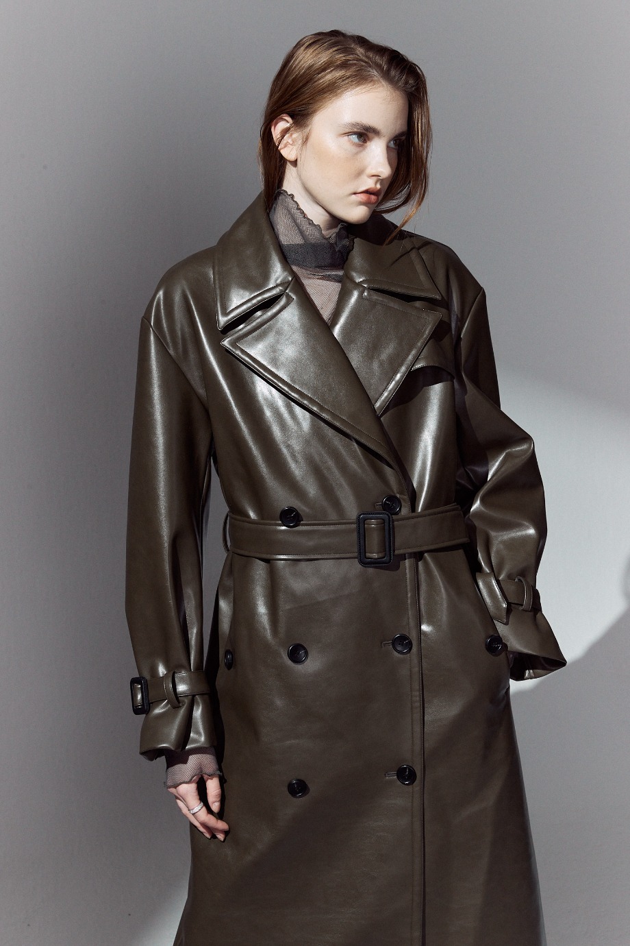 Leather long coat_Khaki